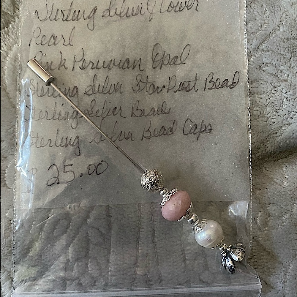 Beaded Stick Pin genuine gemstone, Sterling silver and pearl